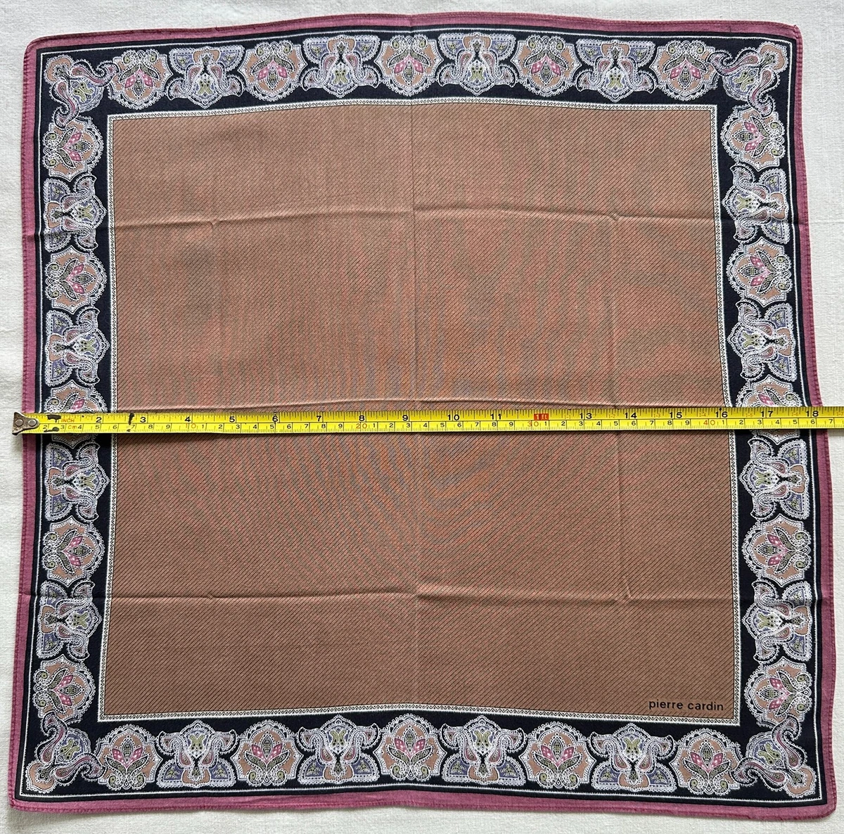VTG Handkerchief Cotton Brown Diagonal~Border Paisley Damask Pocket Square 18"~B