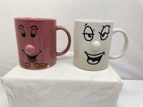 2 Funny Face Ceramic Mugs Vintage Retro Happy Smile 90s Gift 3d Nose