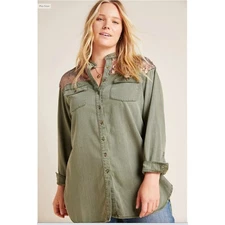 ANTHROPOLOGIE Army Green Sequined Cargo Button Down Shirt // 14 