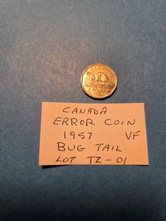 1957 Canada 5 Cent ERROR COIN Bug Tail VF