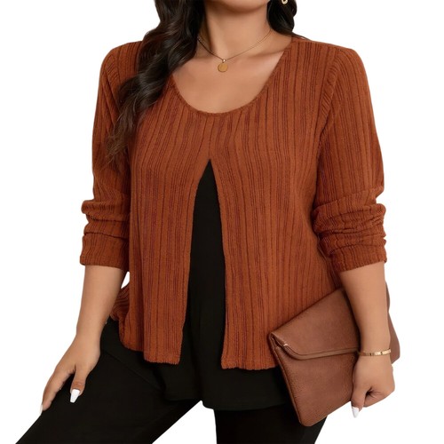Plus Size Women Ribbed Double Layer Tunic Tops Winter Long Sleeve T Shirt Blouse - Picture 7 of 17