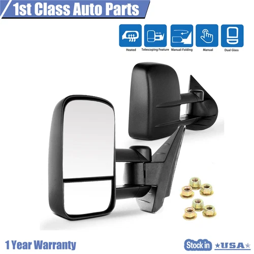 Pair Towing Manual Mirrors Fits 07-14 Chevy Silverado GMC Sierra 2500 HD 3500 HD