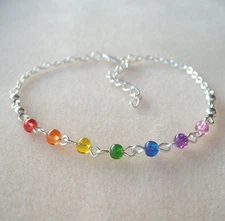 Pretty Rainbow Chakra Multi-Coloured Beaded Chain Anklet Ankle Bracelet - Reiki
