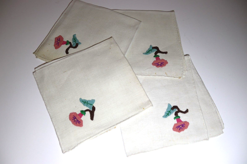 Vintage Handmade Napkins Linen Applique Pink Morning Glories Set of 4 Square 11" - Picture 2 of 3