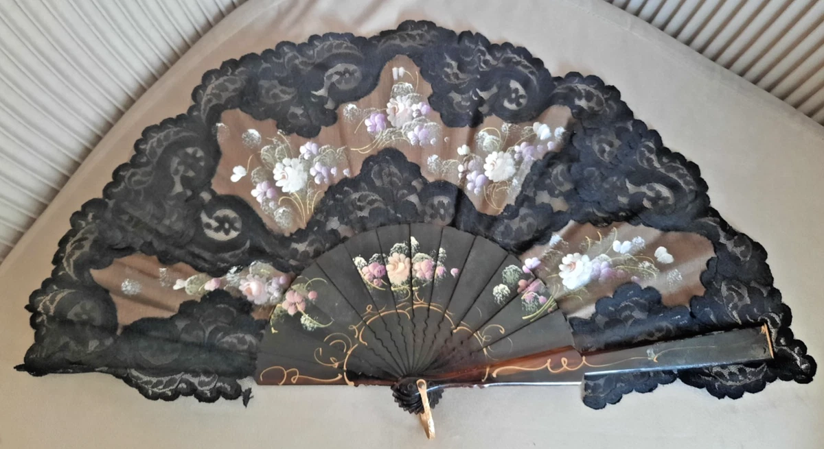 Éventail Miniature De Poupée Ancien - Dentelle Noire Et Bois Laqué - Années 1950