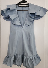 Sexy Blue Dress Deep V Neck Ruffle Frills Short Pretty Little Thing Cap Sleeves