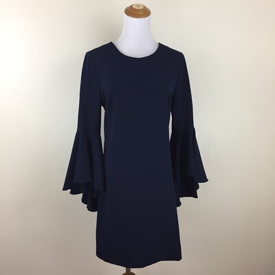 MILLY Italian Fabric Womens sz 4 Dark Blue Long Ruffle Bell Sleeve Lined Dress