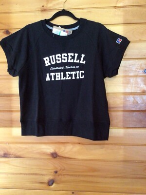 RUSSELL ATHLETIC Women s CROPPED Black Short Sleeve SWEATSHIRT LARGE NWT $50