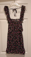 NWT Zara Black & Pink Floral Ruffle Square Neck Mini Dress Size Medium