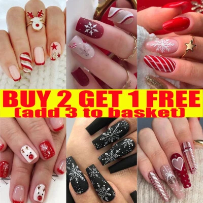 24PCs False Fake Nails Long/Medium French Christmas Full Nail Art Gel Acrylic