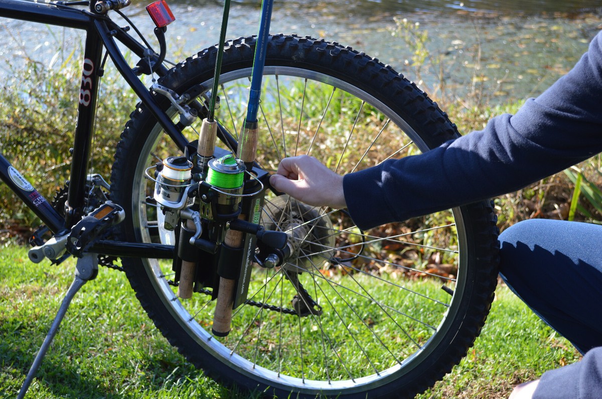 bike fisherman fishing rod holder Holder,Holds 2 Rods,Rod Rack for Bicycle Fishing (Black) : Sports & Outdoors chain stay Fishing Rod Holder for Bike