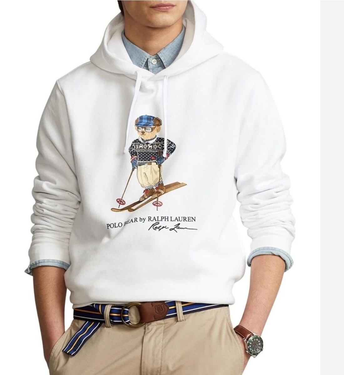 Men s Polo Ralph Lauren Ski Polo Bear Fleece Hoodie White Pullover
