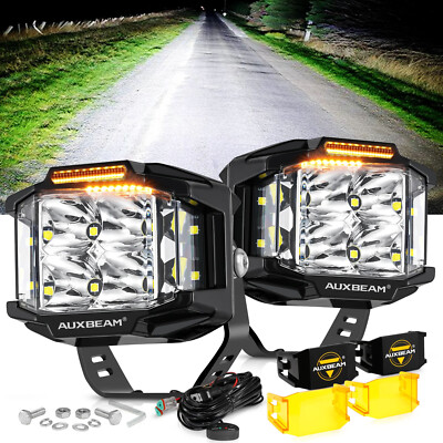 Auxbeam V-max 4'' LED Pods Work Lights Bar Cube Driving Lamp + Black Amber Covers