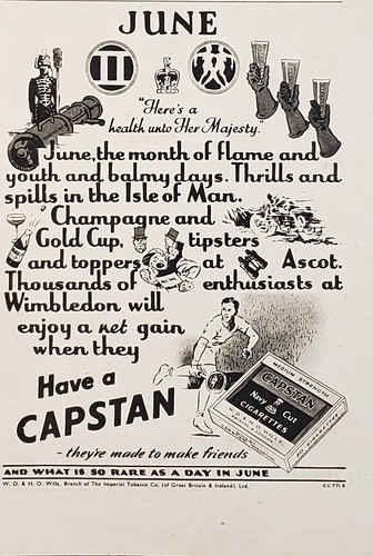 1952 Capstan Zigaretten Juni der Monat der Flamme und Verschüttungen Druckanzeige