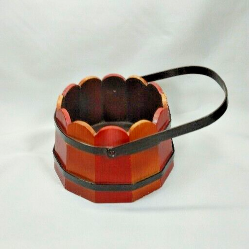 Rustic Fall Harvest Wooden Barrel Basket Bucket Moveable Metal Handle Decoration - Picture 2 of 8
