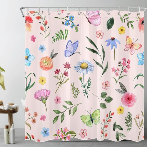 Green Leaf Blue Butterfly Wildflower Pink Shower Curtain Set for Bathroom Decor - Bild 2 von 18
