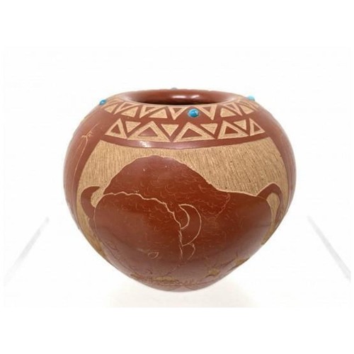 Stunning Native American Red Starr Sioux Buffalo Pottery Vase Turquoise Inlay