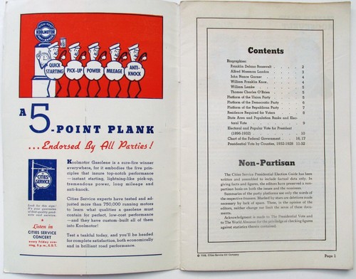 Cities Service Gasoline Oil 1936 Presidential Election Guide Roosevelt vs Landon - Picture 2 of 6