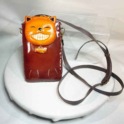 Genuine Leather Grinning Kitty Cat & Fish Phone Case Messenger Crossbody Handbag