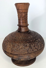 Vintage Flower Vase Hand Carved Wooden Round Body Slender Neck Floral Carvings