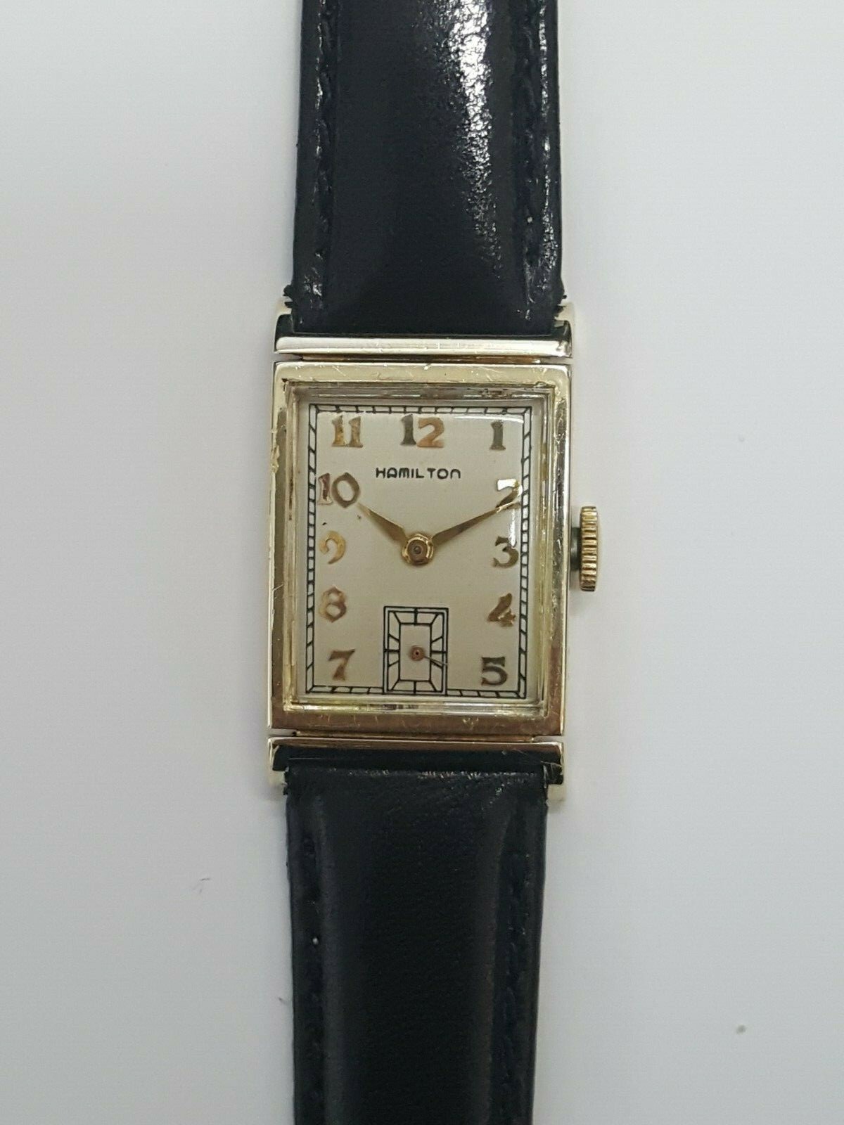 Hamilton Gilbert 14k  gold vintage wrist watch.  Brand new black leather band.