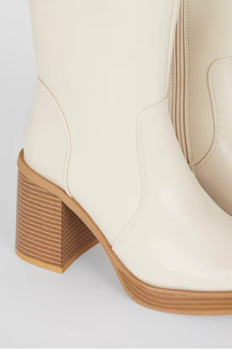 Ladies Heeled Ankle Boots Cream Zip Up Vegan Leather Womens Block Heel Size 3-8 - Picture 5 of 16