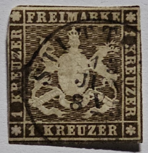 GERMANY WURTEMBURG 1859 1k Black-brown Used. €320. Mi16yb. Trimmed. Spacefiller