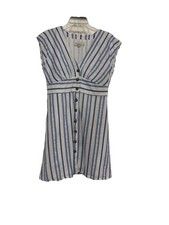 Loft Blue Shimmer Stripe Button Front V-Neck Dress, Lined Size 8 Nautical