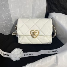 Auth Chanel 22S Heart Buckle Mini Square Flap Bag White Lambskin Gold Hardware