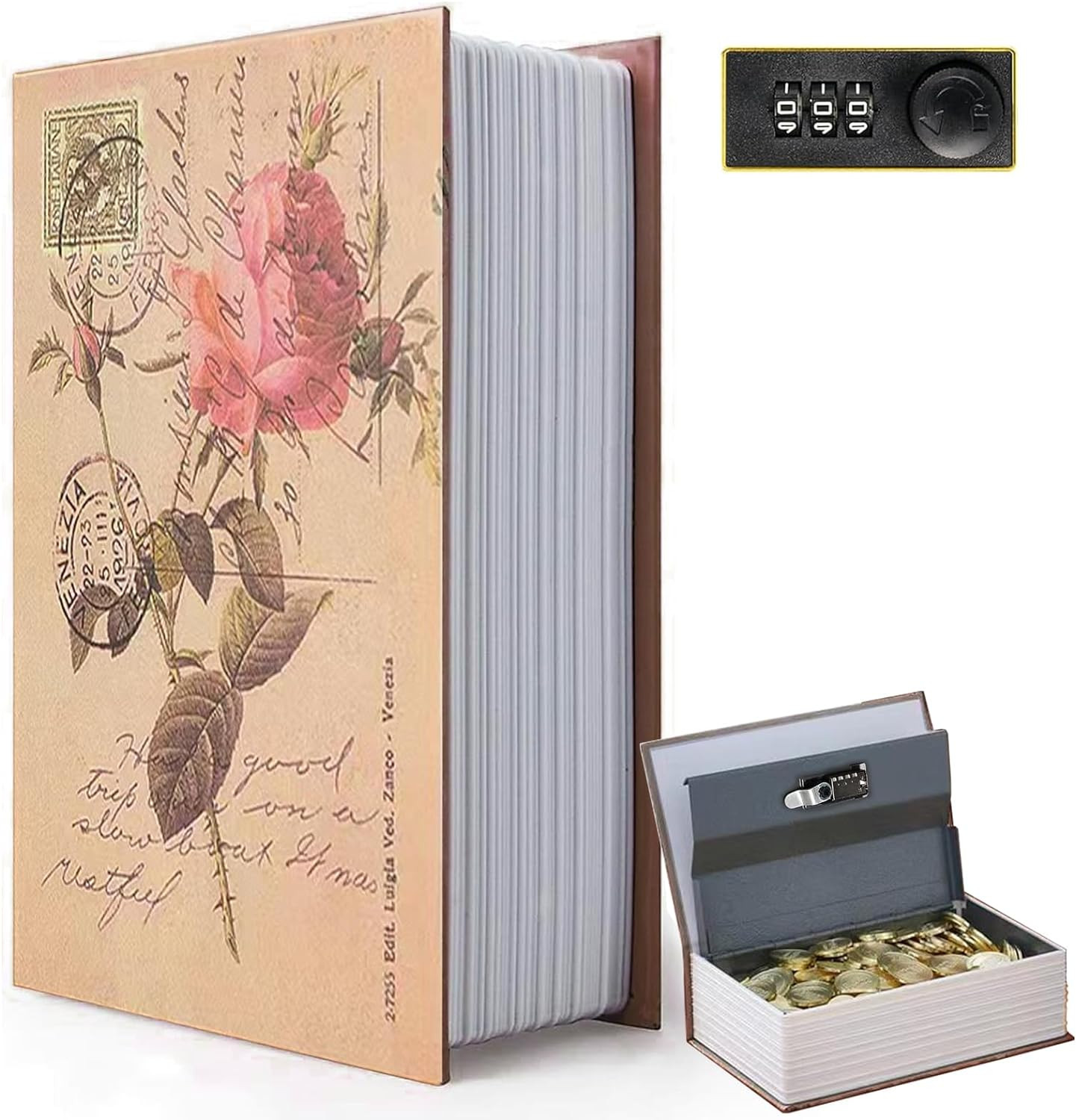 Decorative Book Safe Box with Combination Lock, Vintage Faux Book Hidden Safe fo