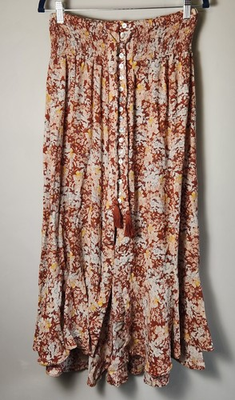 #ad Cynthia Rowley Maxi Skirt Women#x27;s L Rust High low Ruffle Tassel Boho Western $14.00
