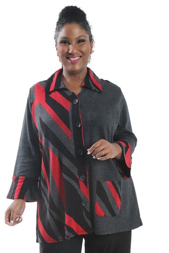 Parsely & Sage Damen XL Jacke Rot Schwarz Artsy Boho Abstrakt Patchwork - Bild 3 von 16