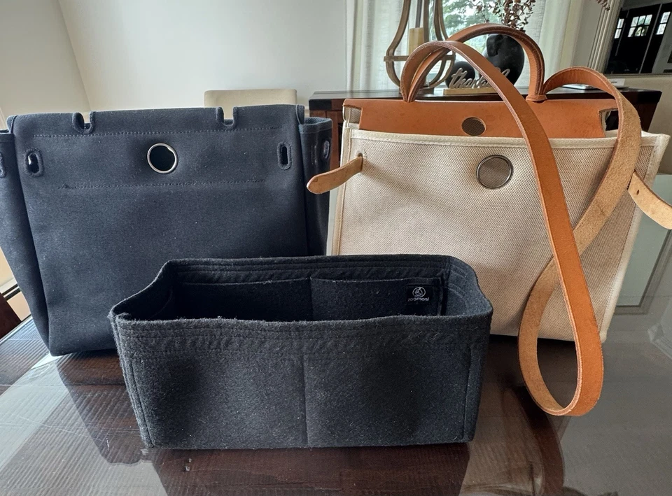 Hermes Herbag 31 Natural Vache Leather Toile and Black Canvas Palladium D Square - Image 2 of 4