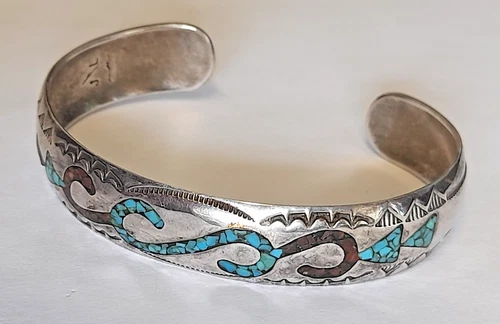 Navajo Sterling Silver Bangle Bracelet Turquoise Inlaid J.L. Nelson PLEASE READ