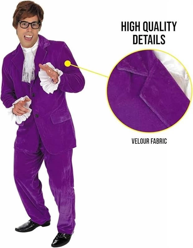 Fantasia masculina Austin Powers anos 60 adulto roxo gigolo filme terno espião Halloween - Imagem 4 de 4