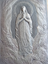 Antique Our Lady of Lourdes Silver Metal Bas-Relief Plaque E. Dropsy 1897