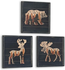 Set of 3 Rustic Wooden Wildlife Wall Decor, Deer Elk Bear Forest Woodland Cabin
