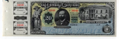 Chile 1882 Banco de Curico 20 Pesos UNC Rest TOP hochwertig - Bild 1 von 2