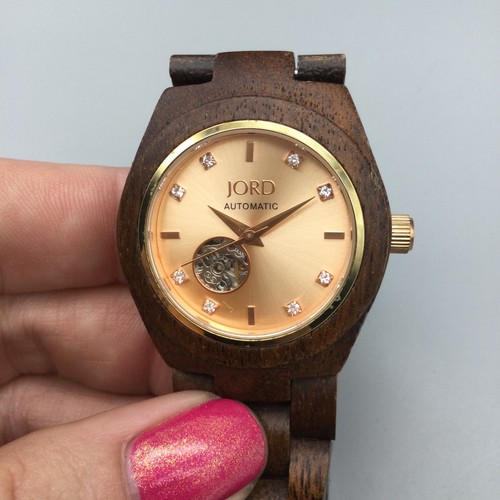 Reloj automático JORD para mujer 34 mm madera natural esfera oro rosa marcadores de cristal 2018 - Imagen 6 de 14