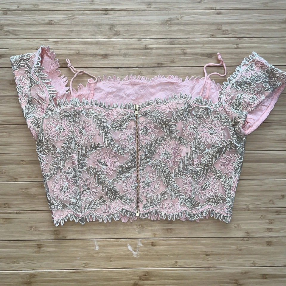 TOPSHOP Embroidery Embellished Crop Off Shoulder Golden Thread Nude Overlay Sz 4 - Image 2 of 4