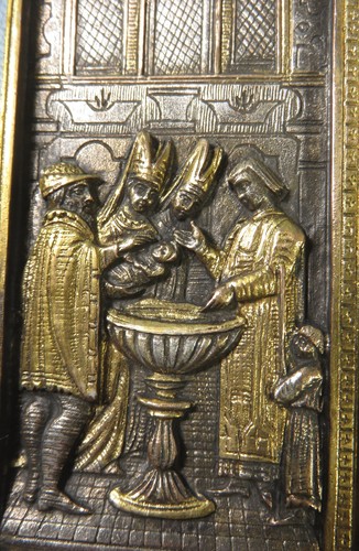 HERMOSA FUENTE TRÍPTICA ANTIGUA DE METAL FUNDIDO DE LOS RITOS SACRAMENTALES - FIRMADA - Imagen 12 de 15