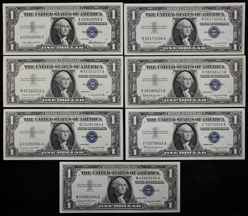 Old Money LOT of 7 1957 plain/A/B $1 Silver Certificates XF/AU AA0594