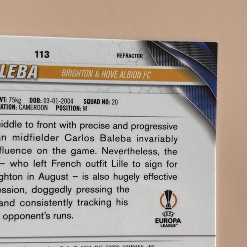 Carlos Baleba 2023-24 Topps Cromo UEFA Clubes Competiciones #113 Refractor - Imagen 5 de 5