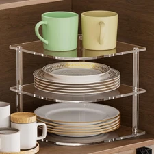 New Plate Organizer for Cabinet Space Saver - Clear Acrylic Corner Shelf Dishes