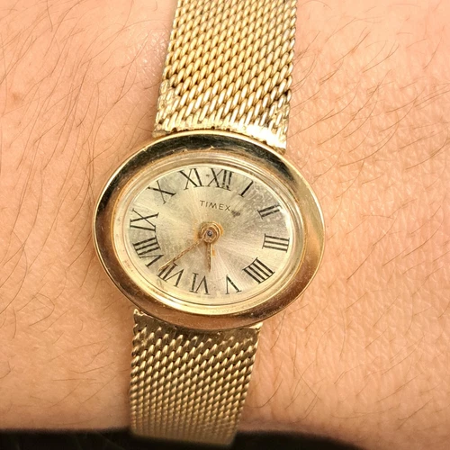 Vintage Timex Watch Women Gold Tone Round Dial Original Mesh Band Manual Wind