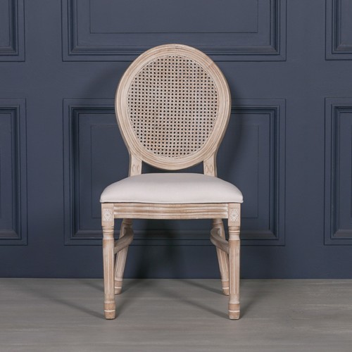 Stackable French Style Light Wooden Dining Chair Linen Upholstery Rattan Back - Picture 4 of 13