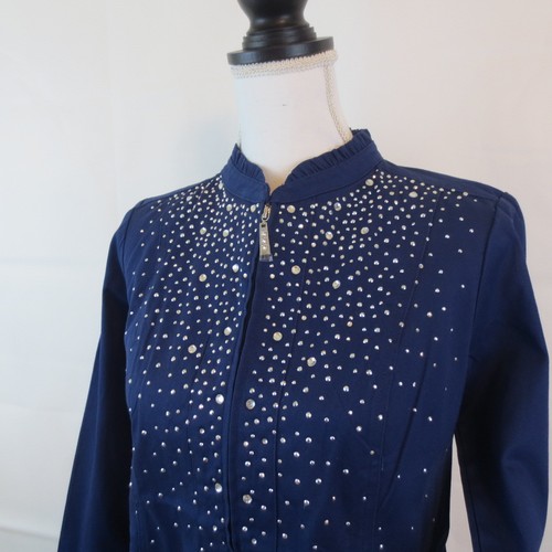 Quacker Factory Embellished Zip Front Jacket Sz XS Navy Blue Denim Rhinestones - Picture 4 of 13