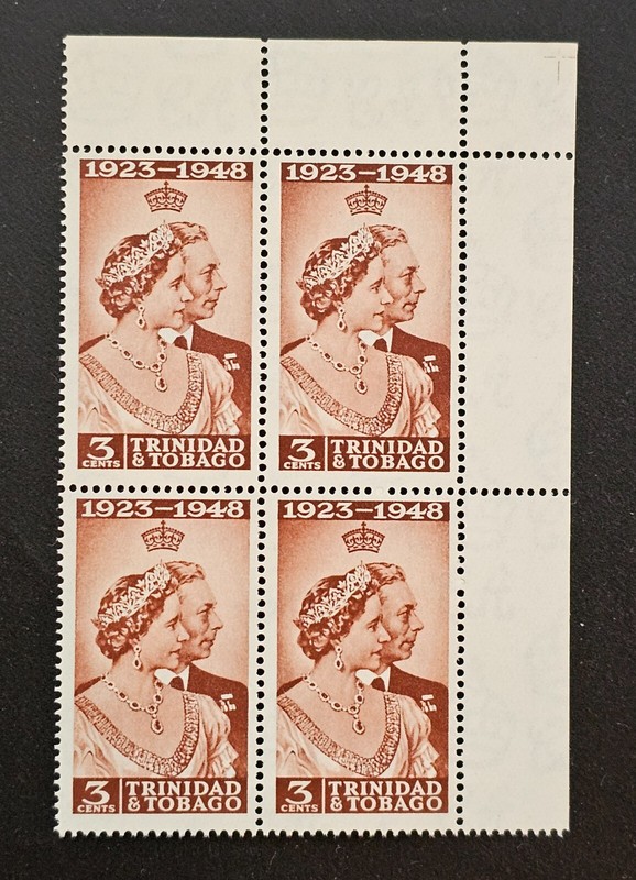 Trinidad & Tobago 1948 KGVI Silver Wedding Sc 64. SG 259 Corner BLOCK of 4 MNH