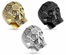 Crystal Paved Faceted Skull Stainless Steel Band Ring Silver Gold Black Plated