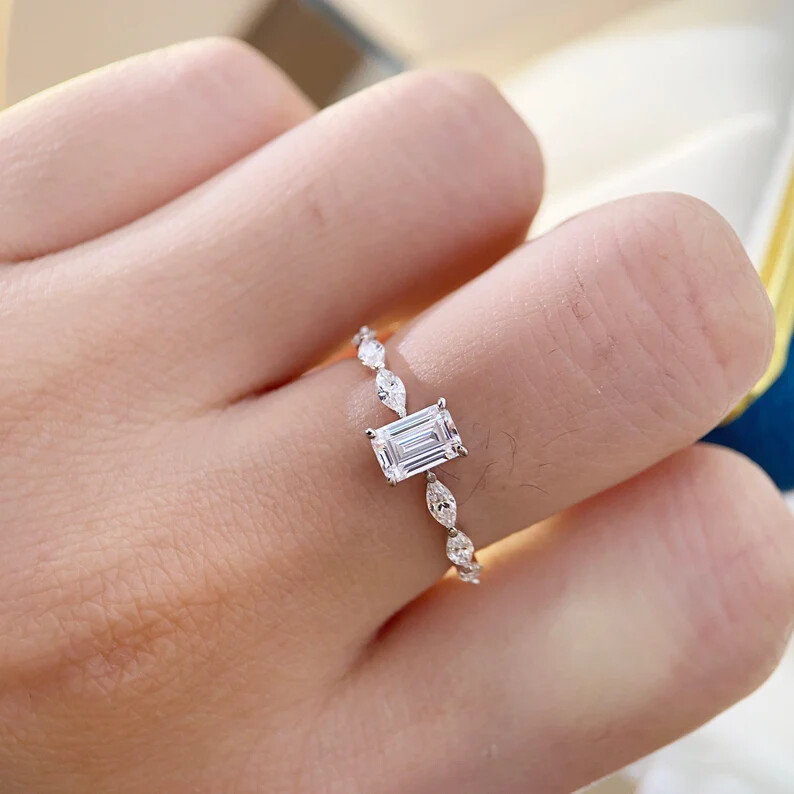 Emerald Cut Moissanite Engagement Ring Dainty Wedding Band-image